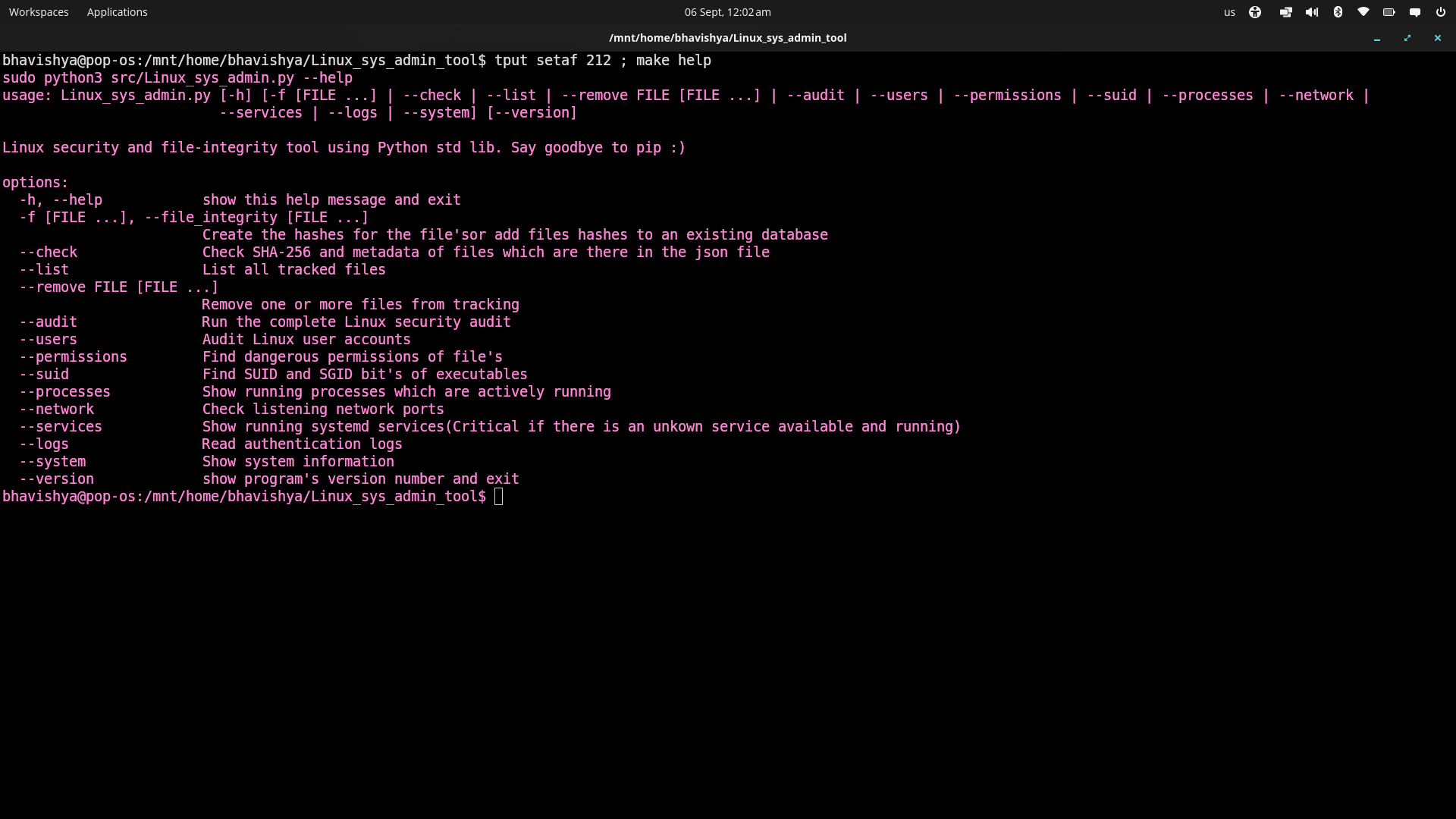 Photo of terminal of the make command on Pop-os